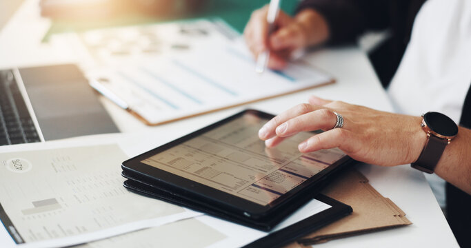 Person, hands and writing with tablet for logistics, checklist or shipping expenses at office desk. Closeup, distributor or screen with technology for inventory, price or financial budget for stock