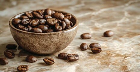 Close-up of a rustic bowl filled with coffee beans on a marble surface with scattered beans nearby