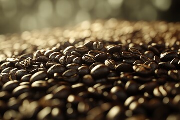 Close-up of a rich, textured pile of coffee beans with soft lighting and blurred background