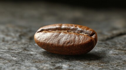 Close-up of a single coffee bean resting on a textured stone surface, showcasing its rich color and detail