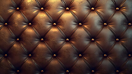 Fototapeta premium Textured brown leather wall with diamond tufted pattern and gold buttons creating a luxurious appearance