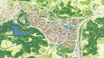 Obraz premium Aerial view of a European town, showing urban sprawl, roads, and green spaces.
