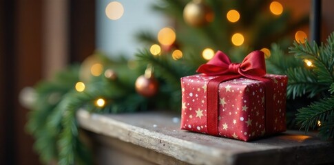 A single wrapped gift on the mantel with natural wood ornaments, winter ambiance, wrapped present, holiday decor