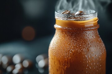 Close-up of a steaming coffee drink in a jar, with droplets, surrounded by coffee beans