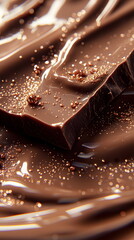 Rich dark chocolate bar resting on smooth melted chocolate surface with shimmering cocoa dust