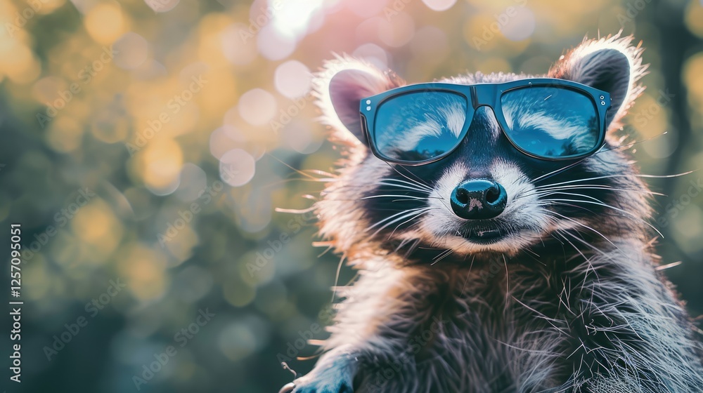 Canvas Prints A raccoon wearing sunglasses poses playfully against a blurred, sunlit natural background, evoking a fun and whimsical vibe