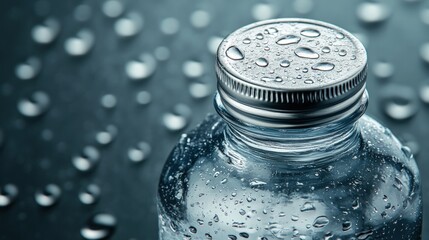 Close-up of a water bottle with droplets, showcasing freshness and hydration on a dark surface