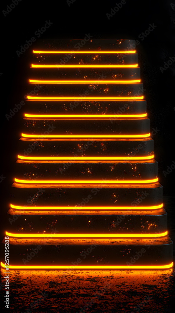 Poster illuminated stairway with glowing orange edges in a dark setting creating a dramatic visual effect.