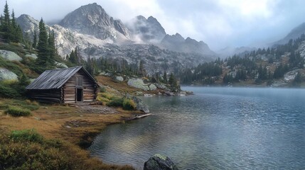 Fototapeta premium Secluded Mountain Cabin by Misty Lake