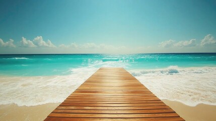 Naklejka premium A long wooden boardwalk leading to a pristine beachside with rolling waves.