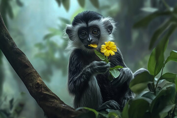 A monkey in the rainforest, holding a vibrant yellow flower and crunching through the leaves.