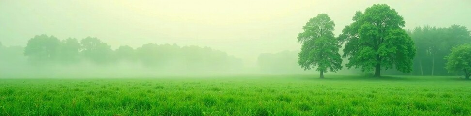 Fototapeta premium Misty fog on a lush green pasture with tall trees, mist, landscape