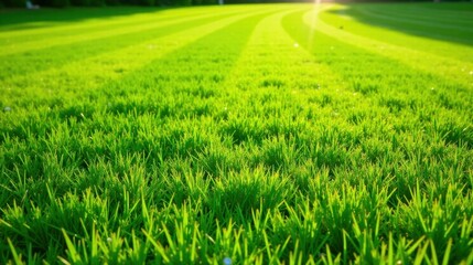 Obraz premium Vibrant Green Grass Field at Dawn with Sunlit Blades and Soft Dew Drops