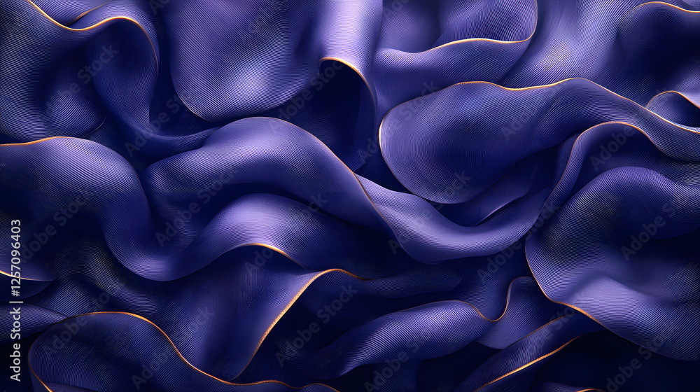Poster wavy deep blue fabric with flowing textures and soft light illuminating the edges creating a modern 