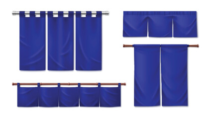 Japanese curtain collection - navy blue noren panels on mounting rods, traditional hanging fabric dividers, decorative textile strips. Oriental room partition elements for restaurant interior decor.