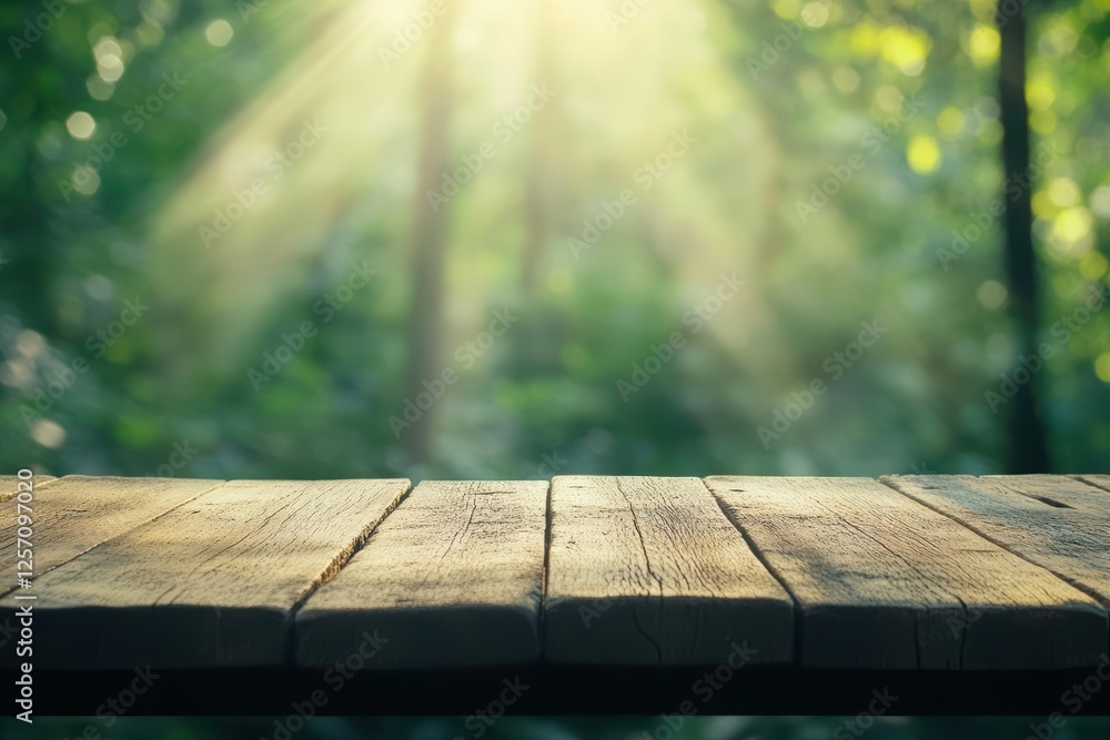 Aufkleber wooden table outdoors with sunlight filtering through trees creating dappled light patterns