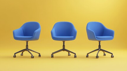 Obraz premium Three blue office chairs, yellow background, teamwork concept, website banner (1)