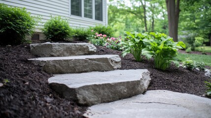 Obraz premium Backyard stone steps leading to home, landscaped garden