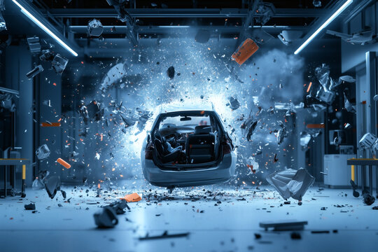 Car collision in test lab with debris in motion