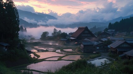 Naklejka premium A morning sunrise over misty rice fields in a remote Japanese village.