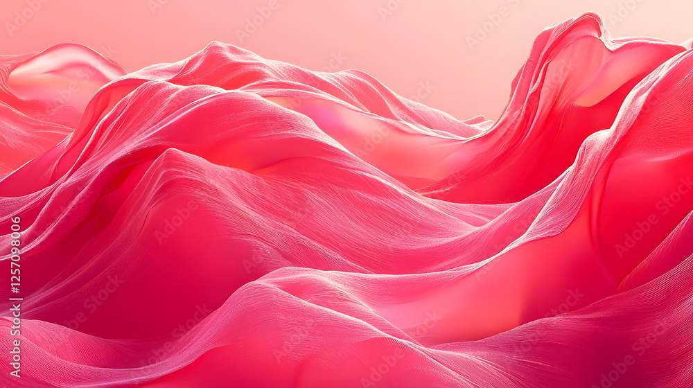 Poster flowing pink fabric waves undulating softly under gentle light, creating a serene abstract landscape