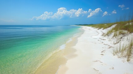 Fototapeta premium A narrow stretch of white sandy beachside with turquoise water lapping at the shore.