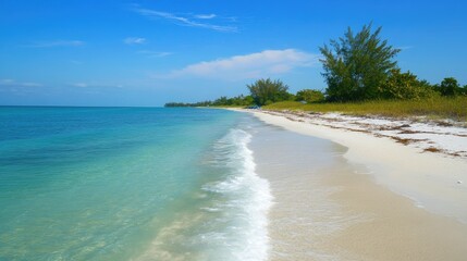A narrow stretch of white sandy beachside with turquoise water lapping at the shore.
