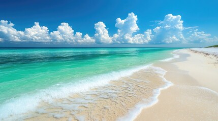 Obraz premium A narrow stretch of white sandy beachside with turquoise water lapping at the shore.