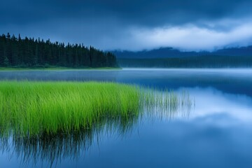 Fototapeta premium Serene Lake Landscape with Lush Green Grass and Dark Cloudy Sky