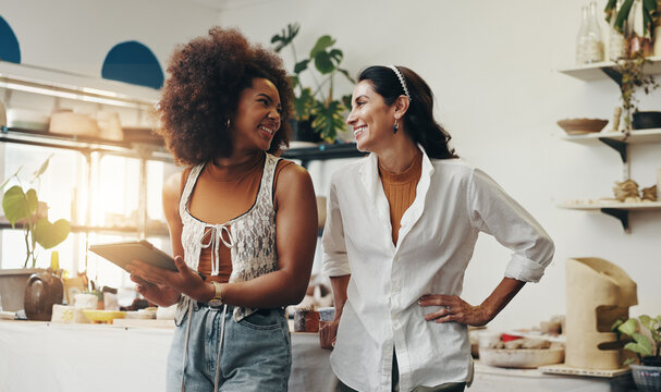 Workshop, women and startup with tablet for pottery, design inspiration or verification for order. Small business, smile and people as ceramist with scroll for clay ecommerce, track inventory or team - Powered by Adobe