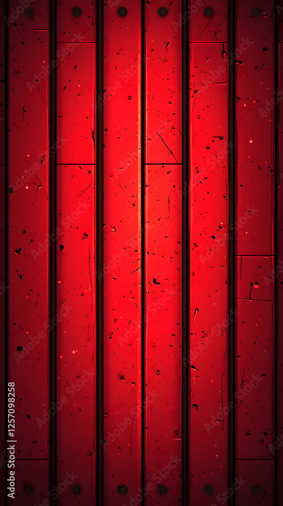 Poster shiny red wooden planks arranged vertically with a textured surface and visible grooves in the mater