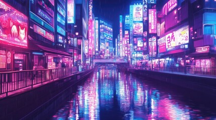 Obraz premium A neon-lit nightscape of Dotonbori, with colorful billboards and reflections shimmering on the canal.