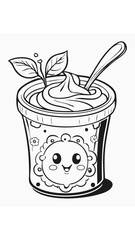 Cute Yogurt Dairy Food Eatery Meal Coloring Kid Book Page in Black and White. Monochrome and Colored Samples
