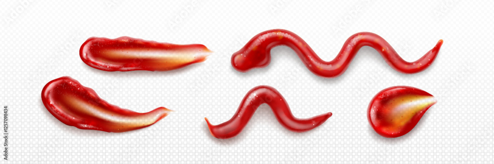 Aufkleber ketchup splash collection - glossy red sauce drops and waves on transparent background. realistic to
