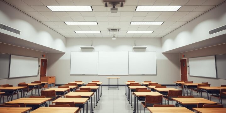 Interior view of large classrooms with whiteboards and desks, learning environment, chalkboard, teacher's desk