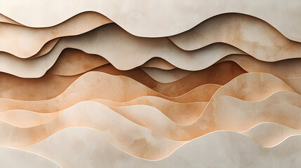 Abstract design of layered waves in neutral tones creating a textured surface with shadows and depth