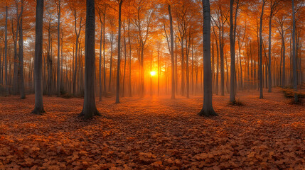 Fototapeta premium Photo Autumn Forest Sunrise Landscape Trees Leaves Orange Fall Nature