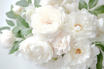 Obraz premium A soft, dreamy watercolor floral arrangement featuring white peonies and roses with intricate leaf details.