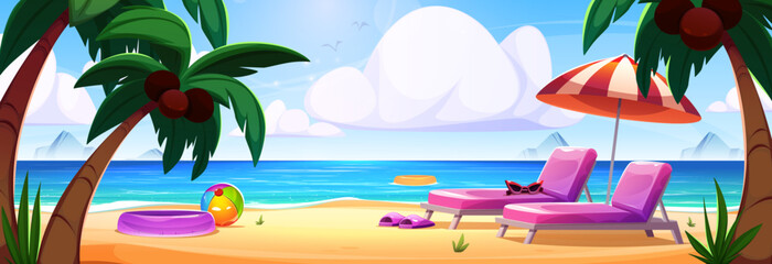 Obraz premium Summer beach vacation scene with pink loungers and striped parasol on sandy coast. Tropical paradise landscape with coconut palm trees, inflatable accessories. Cartoon ocean harbor view background.