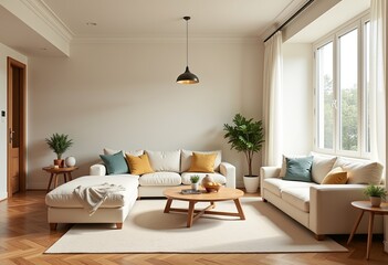 Light and Airy Cream Living Room: Minimalist Design with Natural Elements, Comfortable Sofas, and a Welcoming Entrance View for Modern Home Inspiration.


