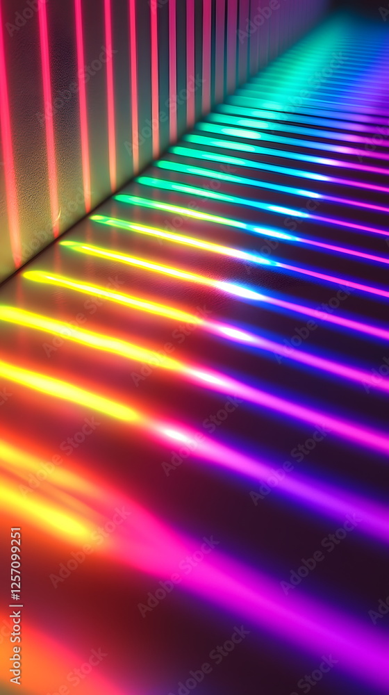Poster colorful light beams creating a vibrant rainbow pattern on a textured surface in soft focus.