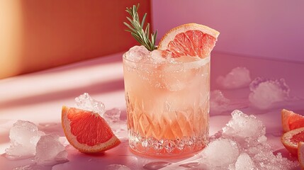 Refreshing grapefruit cocktail garnished with rosemary and crushed ice