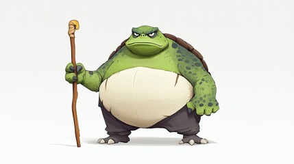 Cartoon turtle character holding a staff, showcasing a confident stance against a plain background