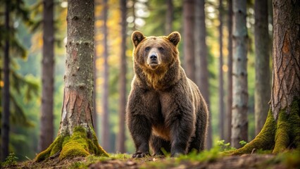 Fototapeta premium Majestic Brown Bear Stands in Serene Forest with Tall Trees