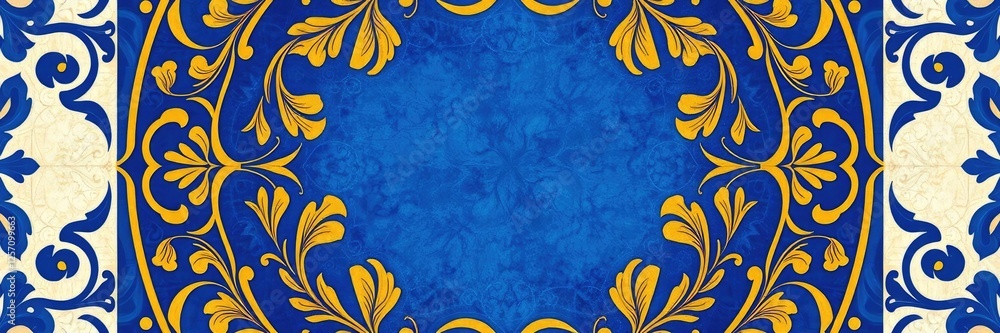 Poster ornate blue and gold tile with intricate leaf patterns in a circular design, featuring curved lines 