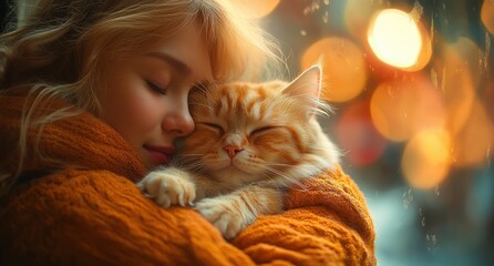 Cozy indoor scene of woman holding fluffy cat in warm light comfort and intimacy