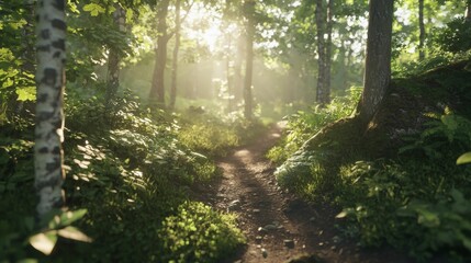Obraz premium Serene Sunlight Filtering Through Lush Green Forest Canopy Along a Tranquil Pathway Surrounded by Rich Vegetation and Nature's Beauty