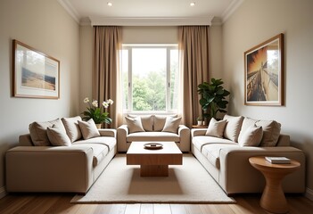 Fresh and Natural Cream-Toned Living Room: Minimalist Style with Comfortable Sofas, Furniture, and Entrance View, Perfect for Interior Design Magazines and Home Decor.

