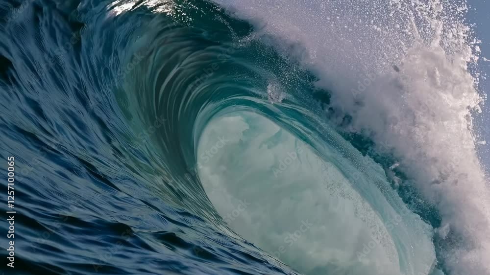 Poster dynamic video shot capturing a powerful ocean wave from a low angle, emphasizing the wave's curve an