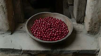 Red berries in wooden bowl, rustic setting